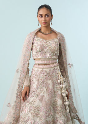 Mohey Women Cream Elegance Net Bridal Lehenga