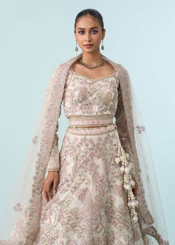 Mohey Women Cream Elegance Net Bridal Lehenga