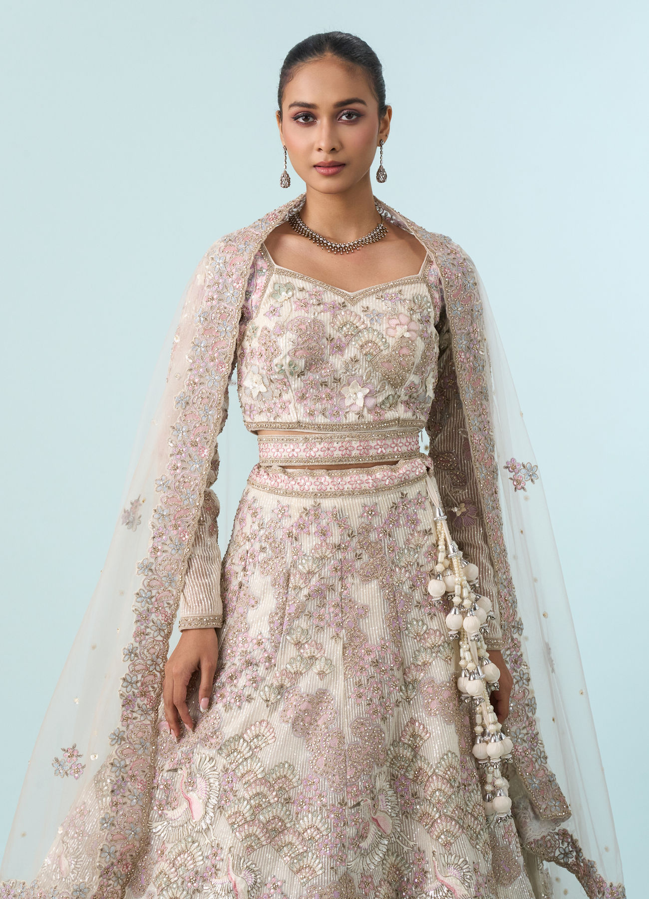Mohey Women Cream Elegance Net Bridal Lehenga