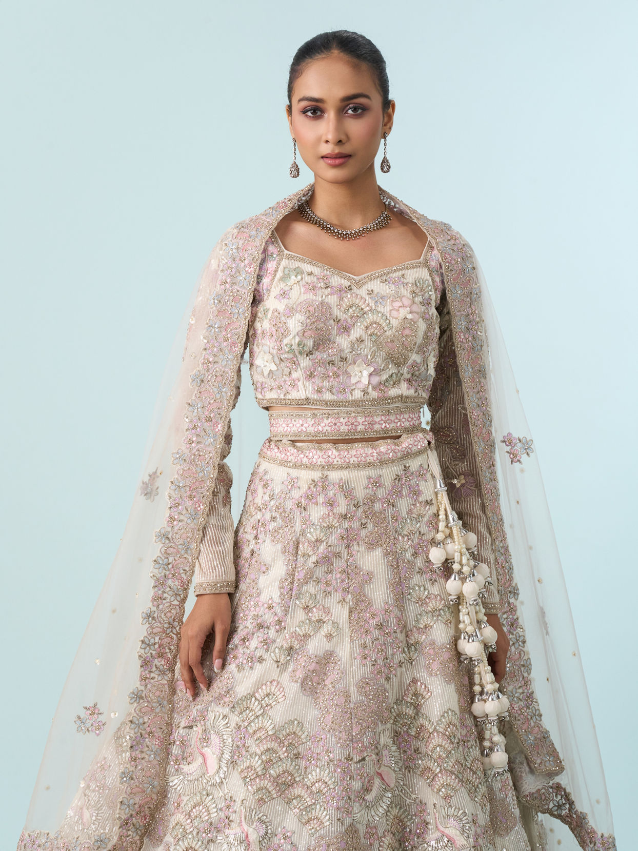 Mohey Women Cream Elegance Net Bridal Lehenga