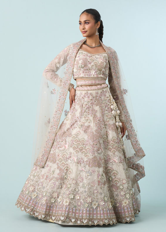 Mohey Women Cream Elegance Net Bridal Lehenga