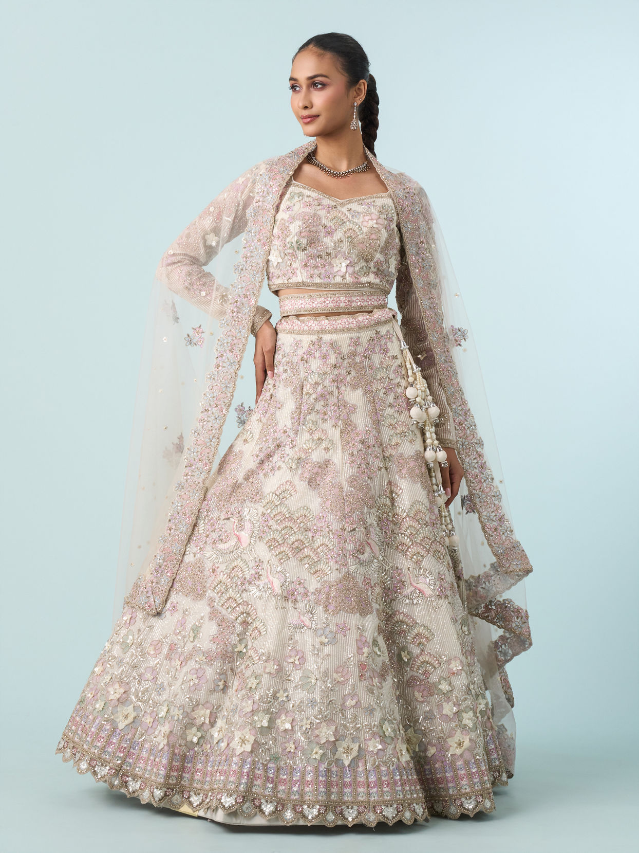 Mohey Women Cream Elegance Net Bridal Lehenga