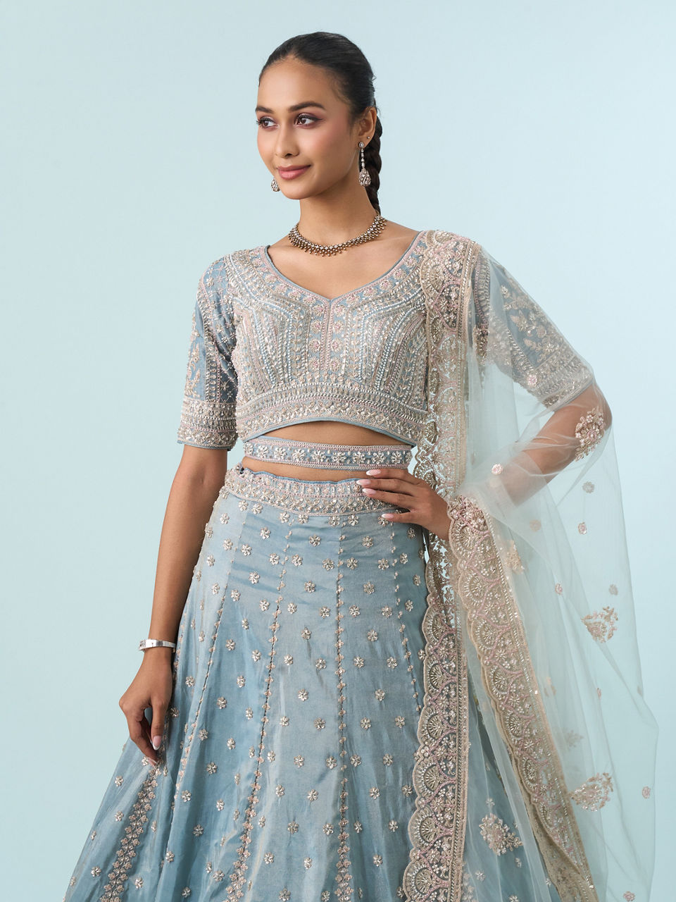 Mohey Women Light Blue Tissue Lehenga