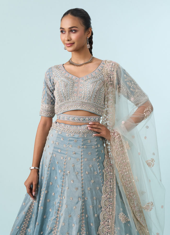 Mohey Women Light Blue Tissue Lehenga