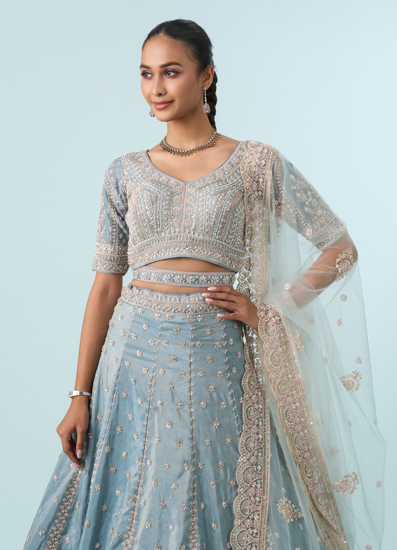 Mohey Women Light Blue Tissue Lehenga