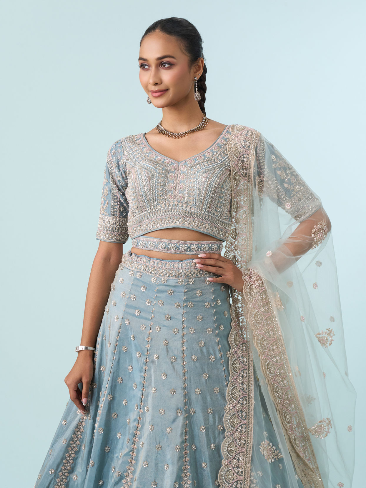 Mohey Women Light Blue Tissue Lehenga