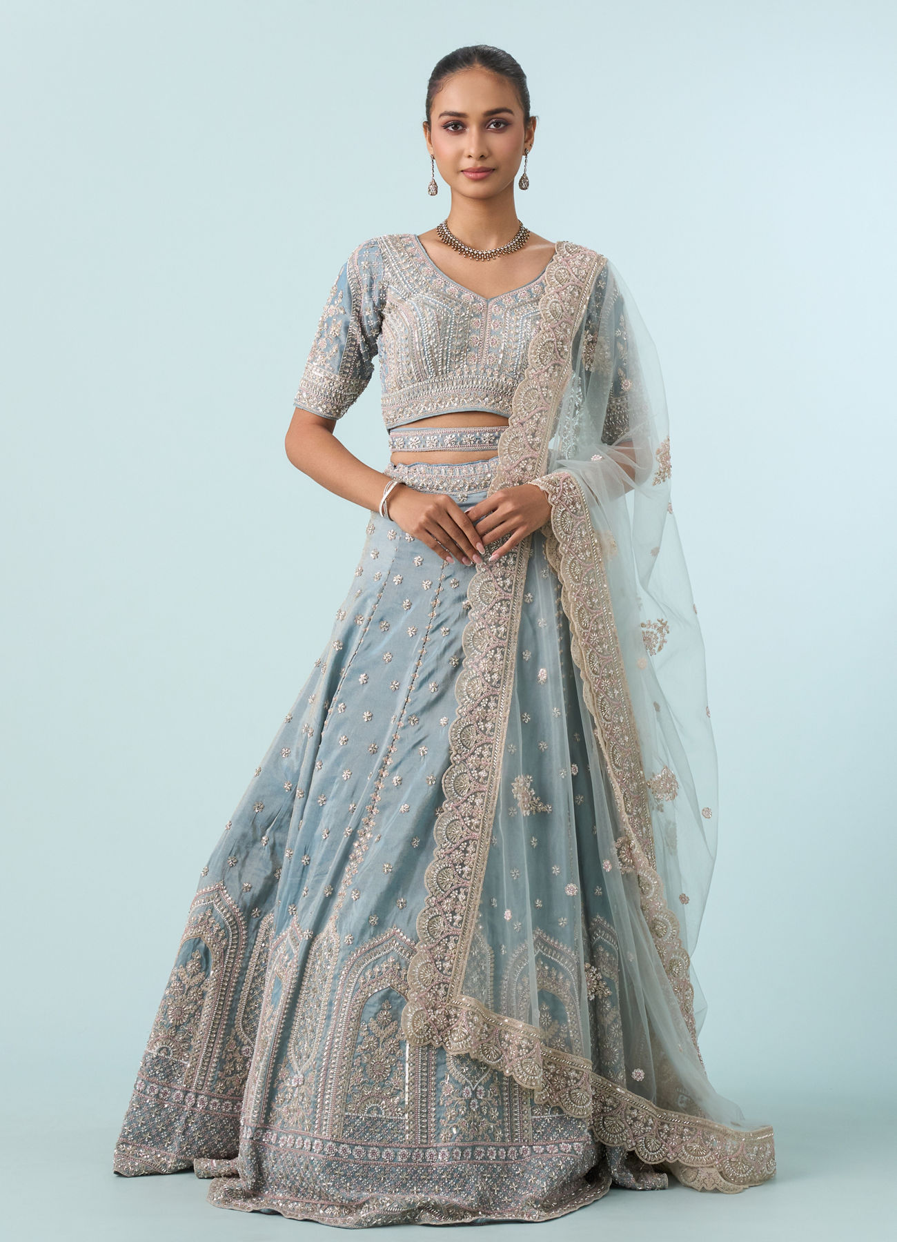 Mohey Women Light Blue Tissue Lehenga