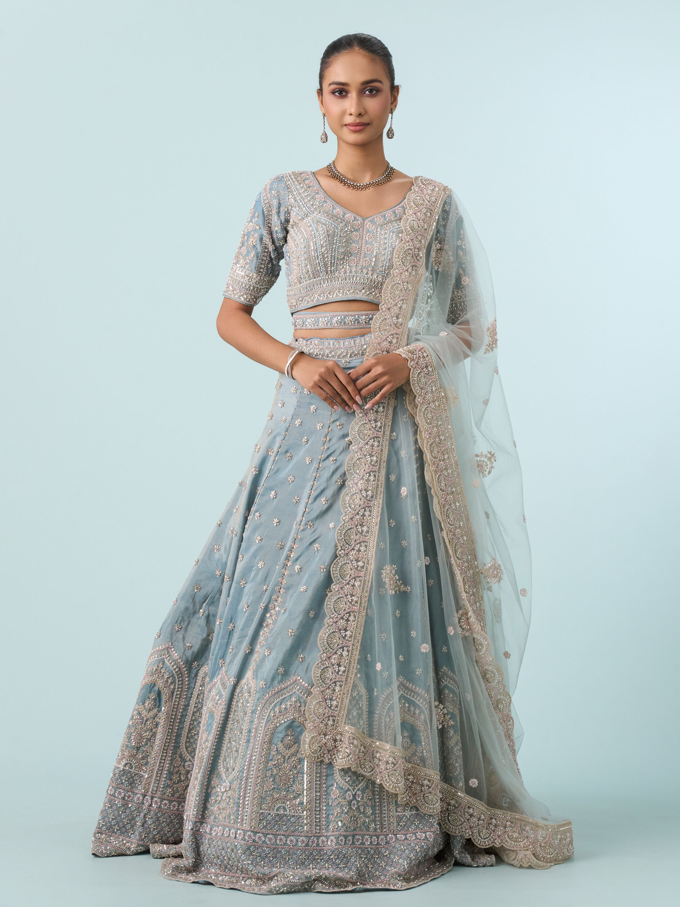 Mohey Women Light Blue Tissue Lehenga