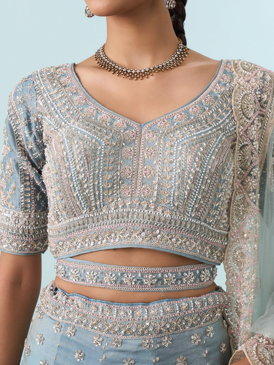 Mohey Women Light Blue Tissue Lehenga