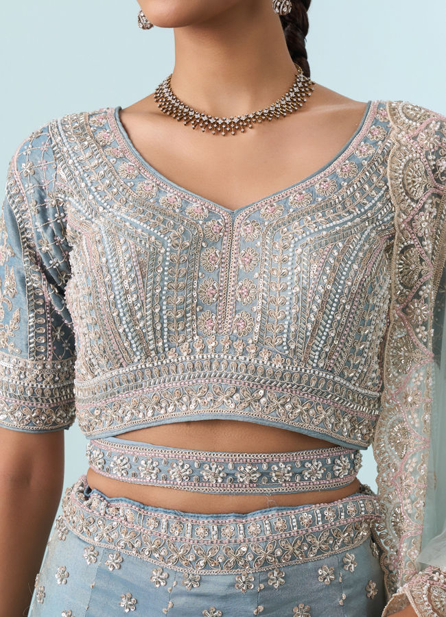 Mohey Women Light Blue Tissue Lehenga