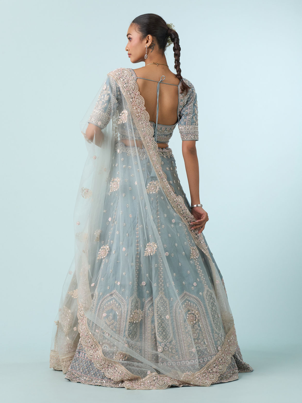 Mohey Women Light Blue Tissue Lehenga