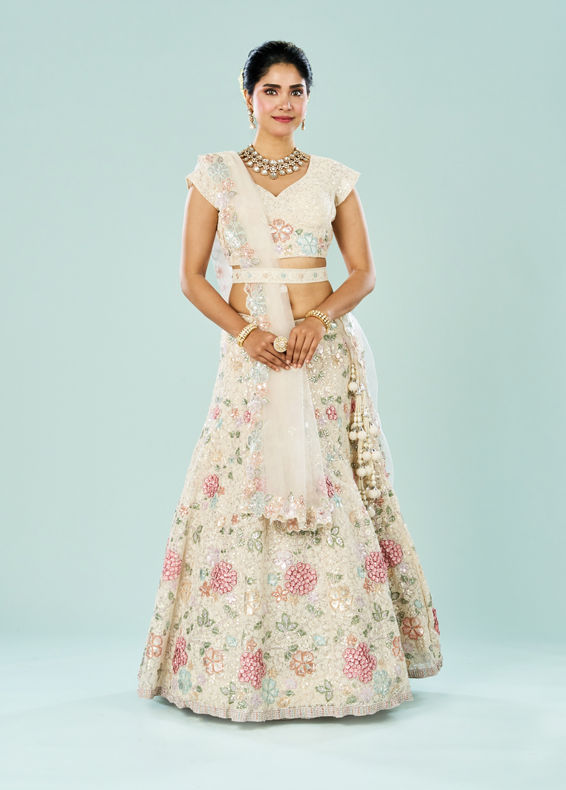 Mohey Women Classic Cream Majesty Semi Bridal Lehenga