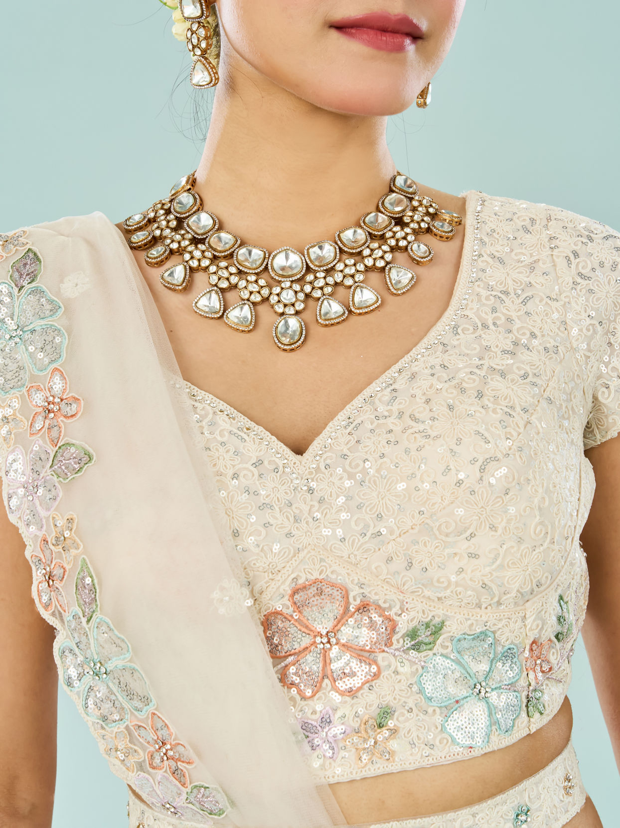 Mohey Women Classic Cream Majesty Semi Bridal Lehenga