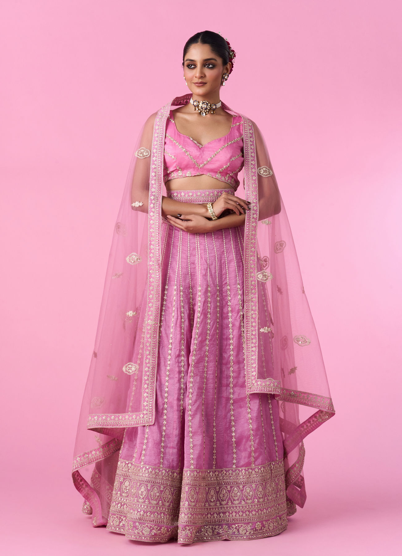 Mohey Women Elegant Pink Tissue Lehenga