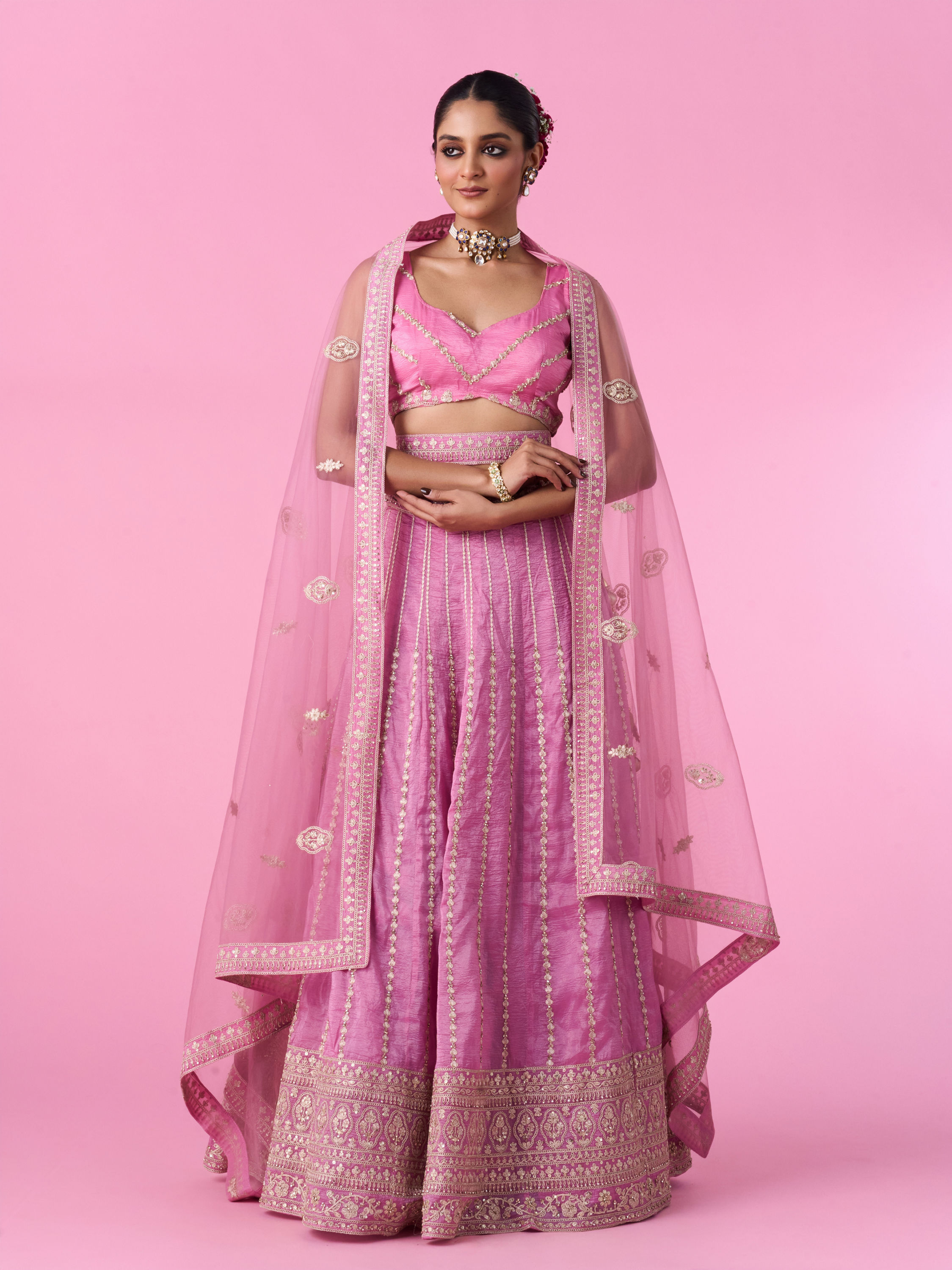 Mohey Women Elegant Pink Tissue Lehenga