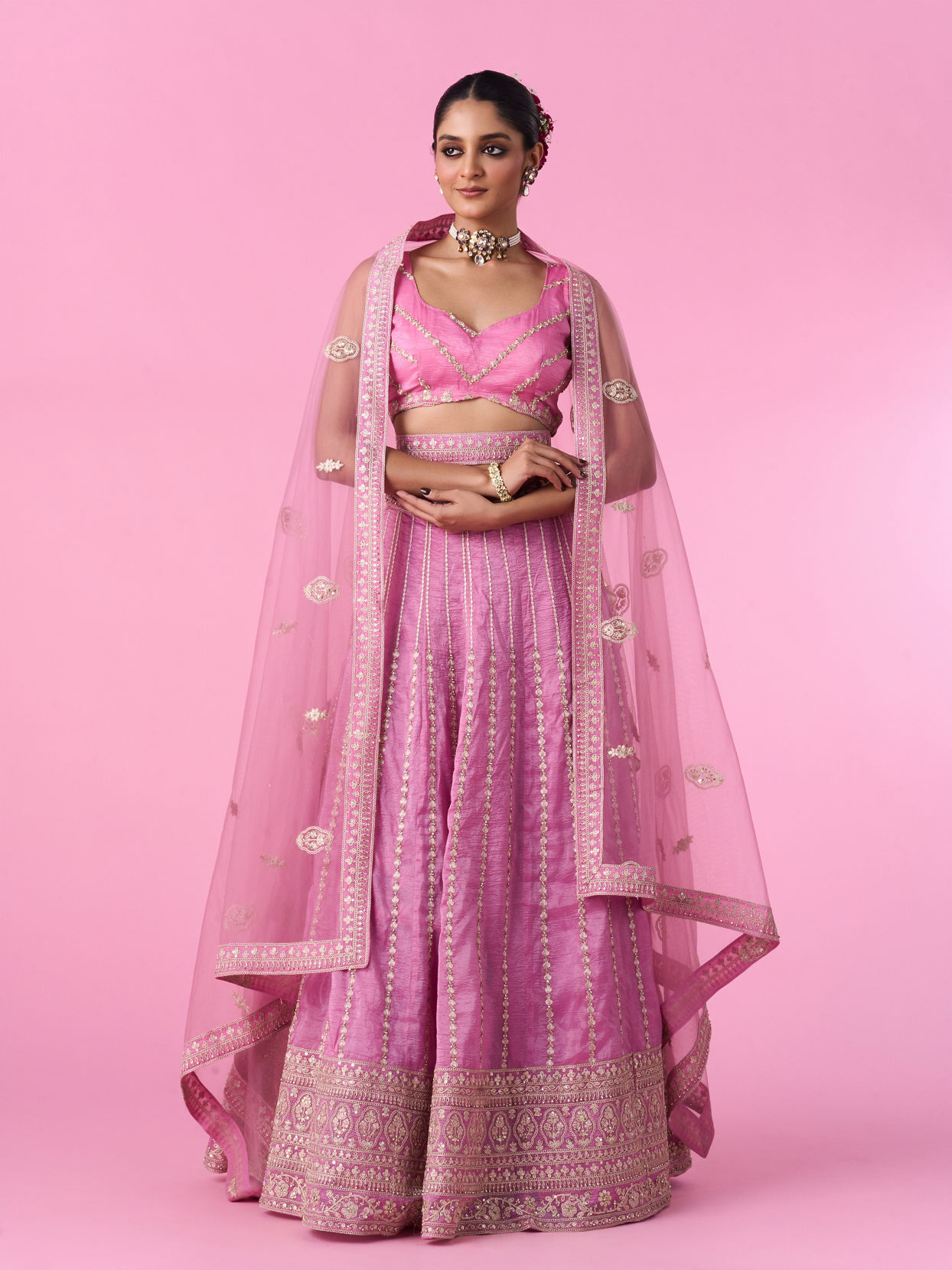 Mohey Women Elegant Pink Tissue Lehenga