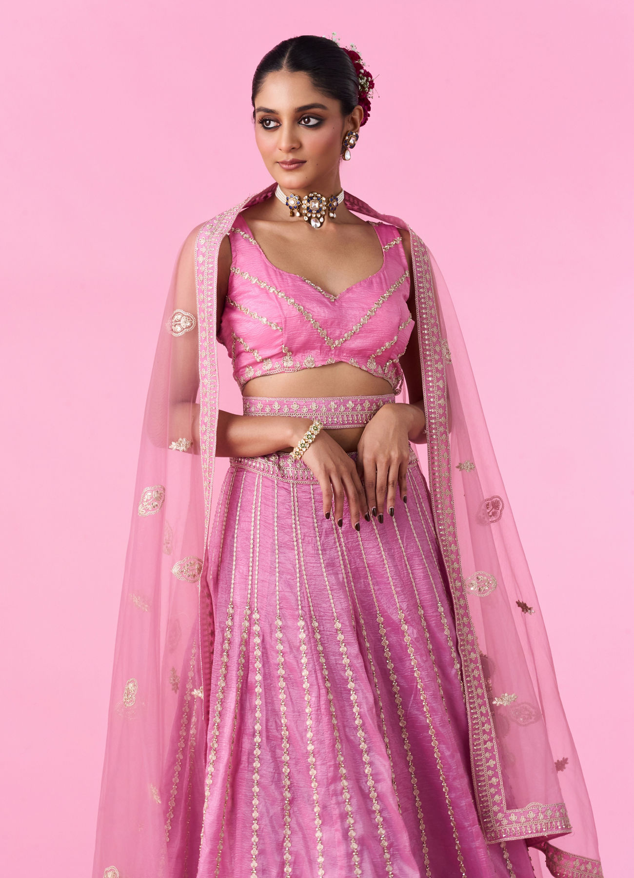 Mohey Women Elegant Pink Tissue Lehenga