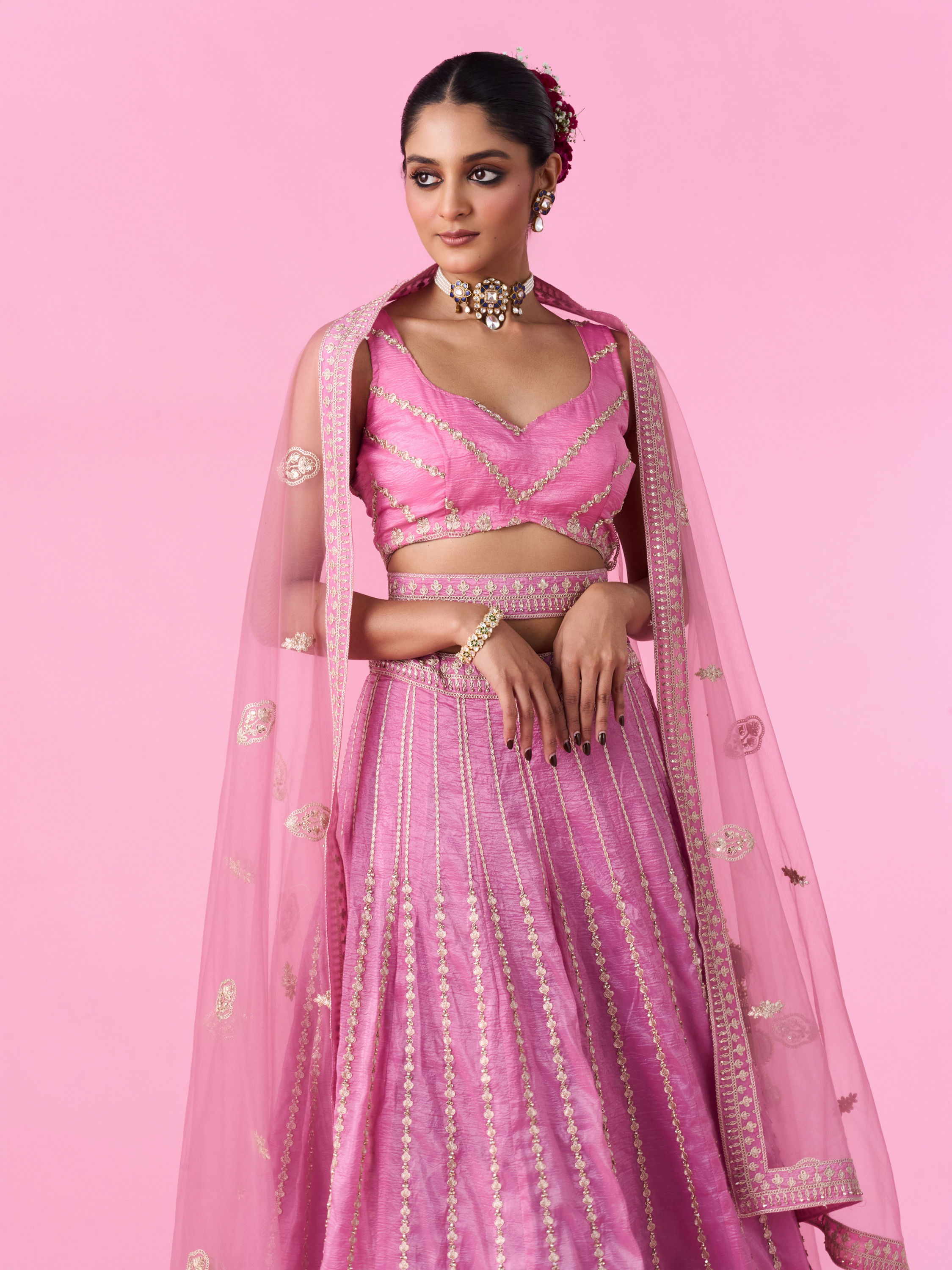 Mohey Women Elegant Pink Tissue Lehenga