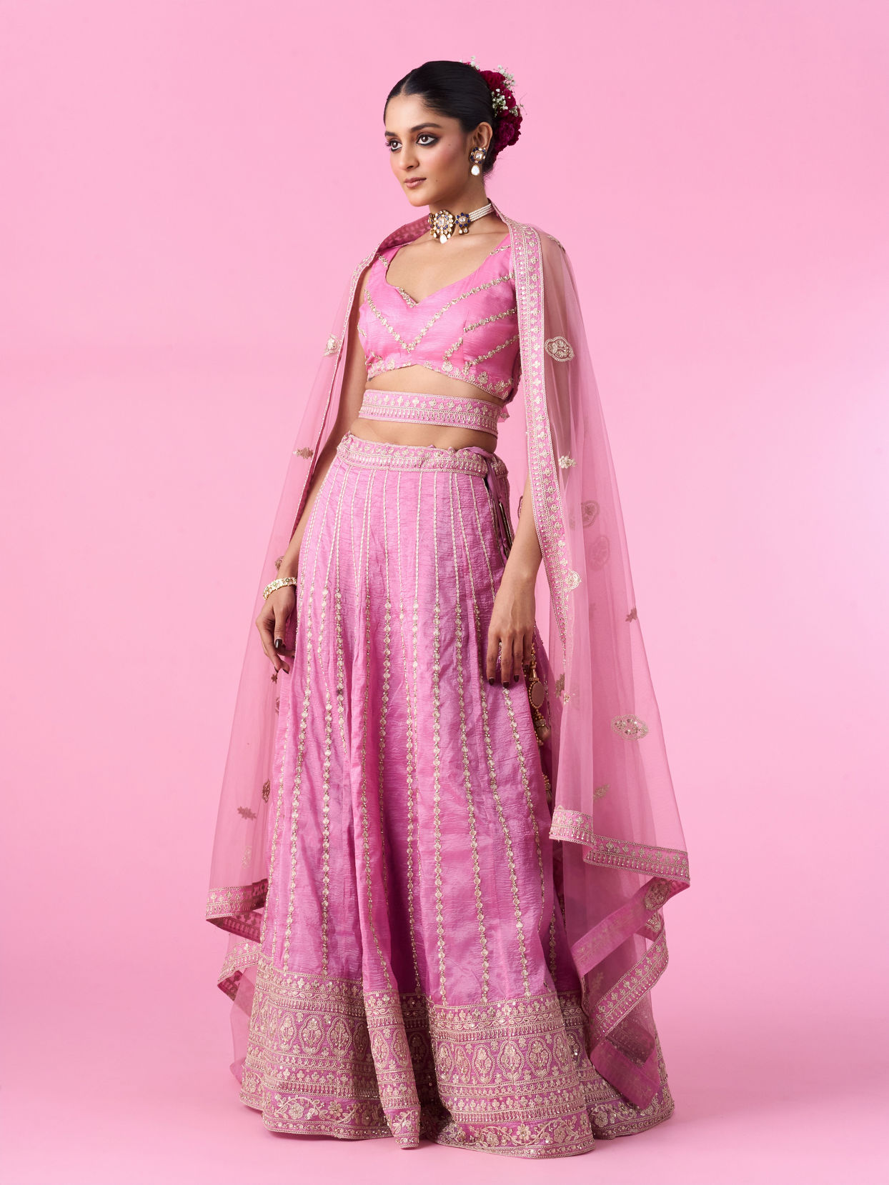 Mohey Women Elegant Pink Tissue Lehenga