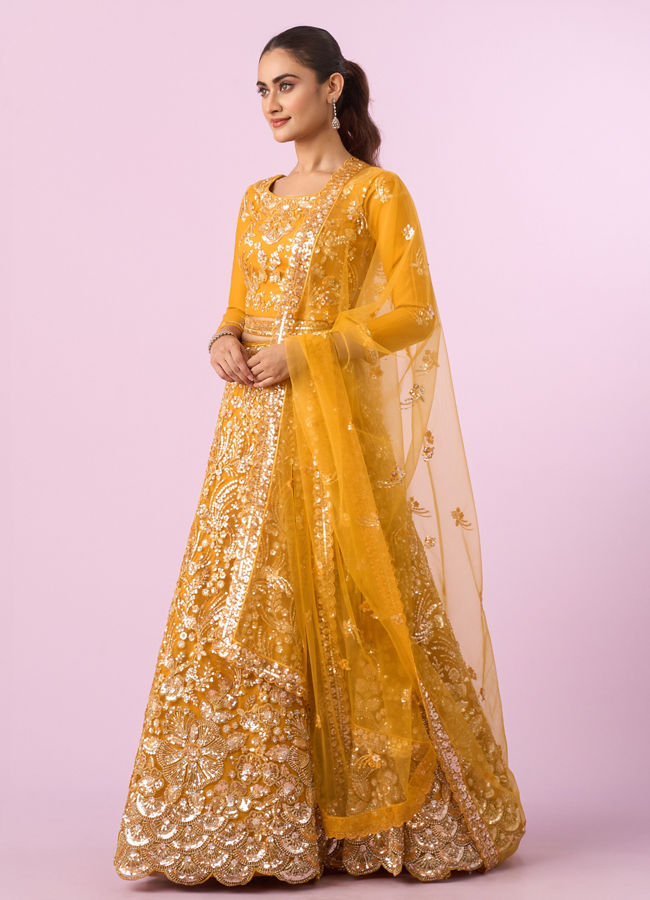 Mohey Women Mustard Yellow Radiance Net Lehenga