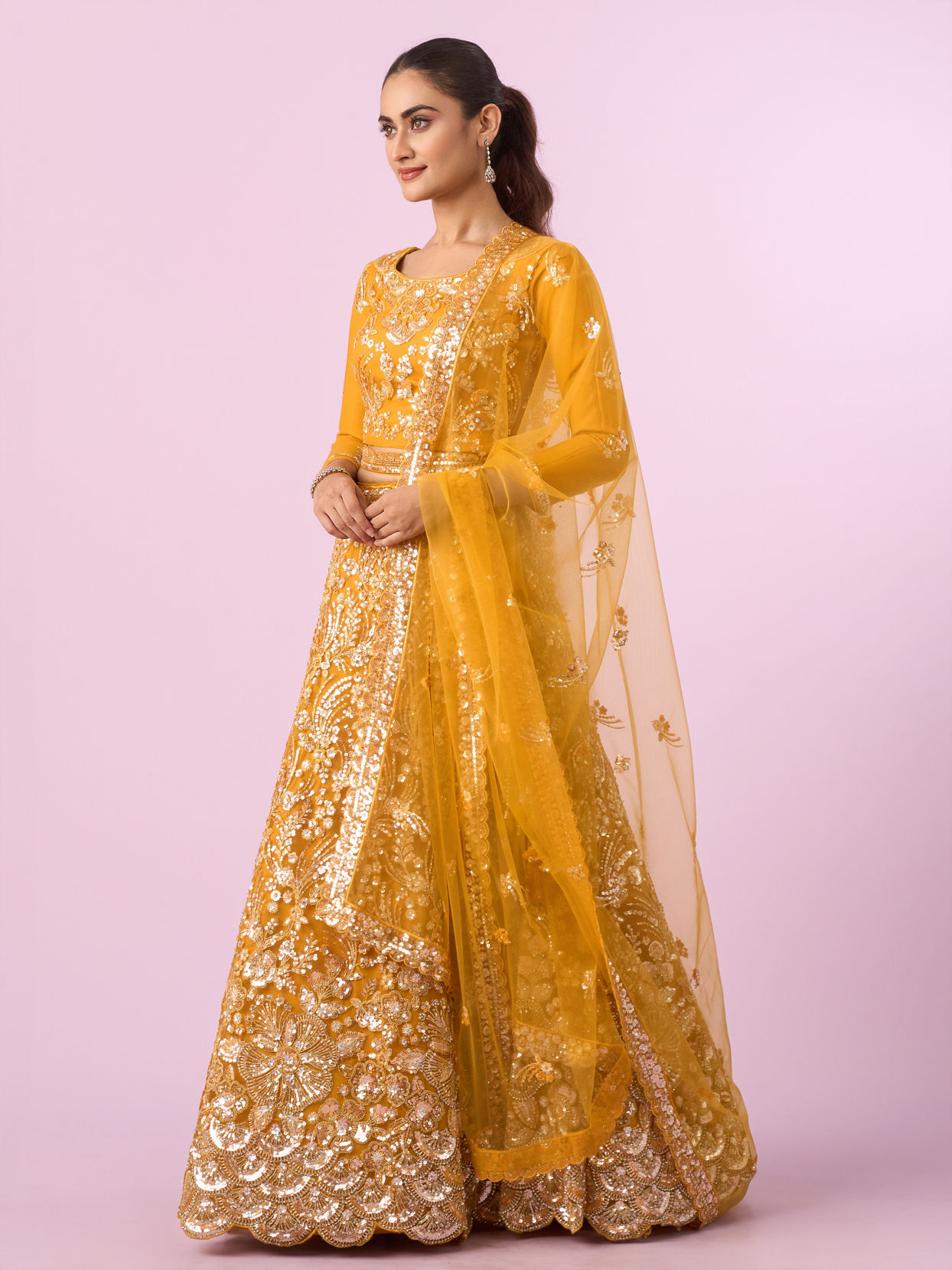 Mohey Women Mustard Yellow Radiance Net Lehenga