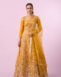 Mohey Women Mustard Yellow Radiance Net Lehenga