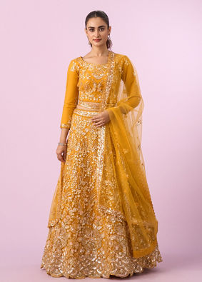 Mohey Women Mustard Yellow Radiance Net Lehenga