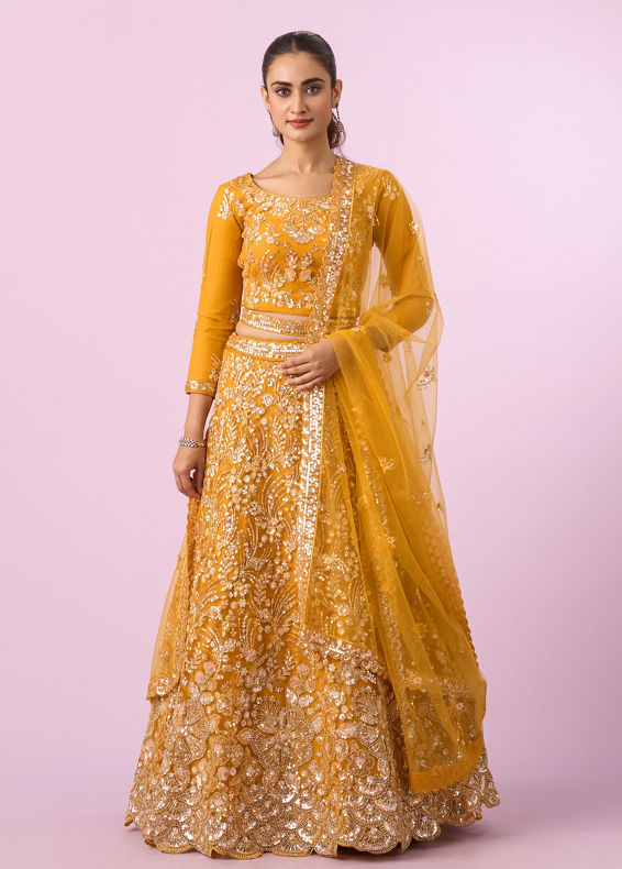 Mohey Women Mustard Yellow Radiance Net Lehenga
