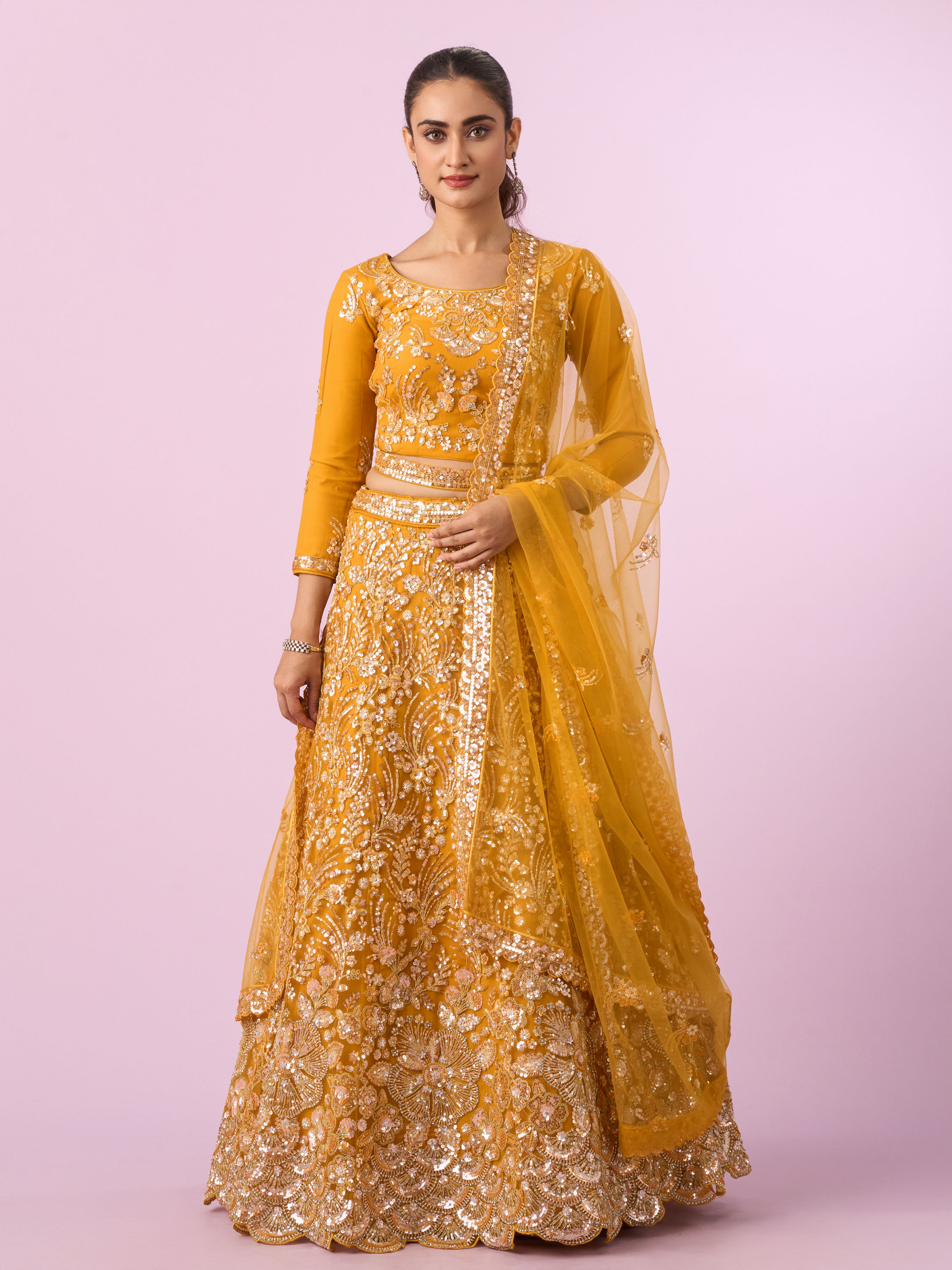 Mohey Women Mustard Yellow Radiance Net Lehenga