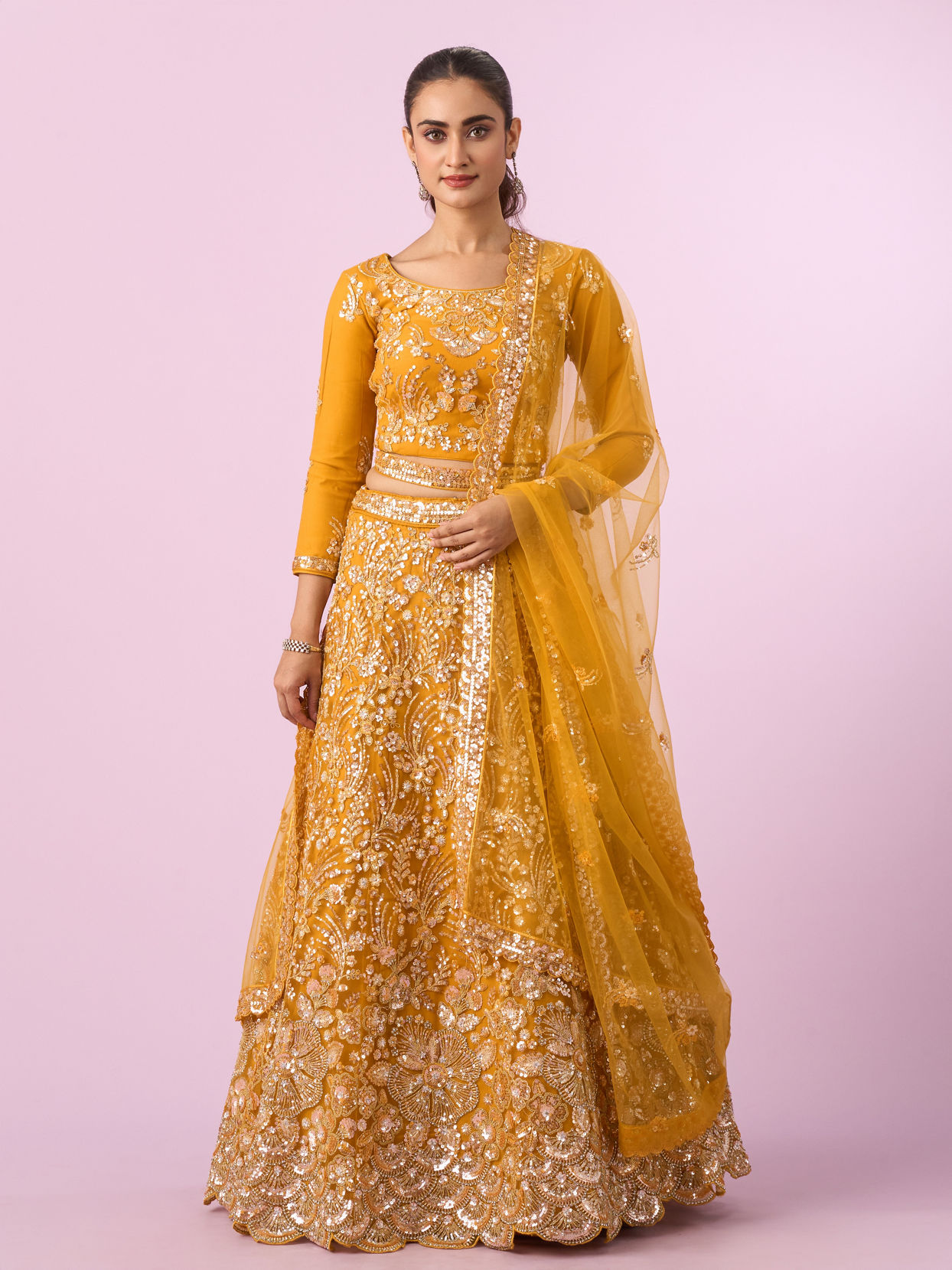 Mohey Women Mustard Yellow Radiance Net Lehenga