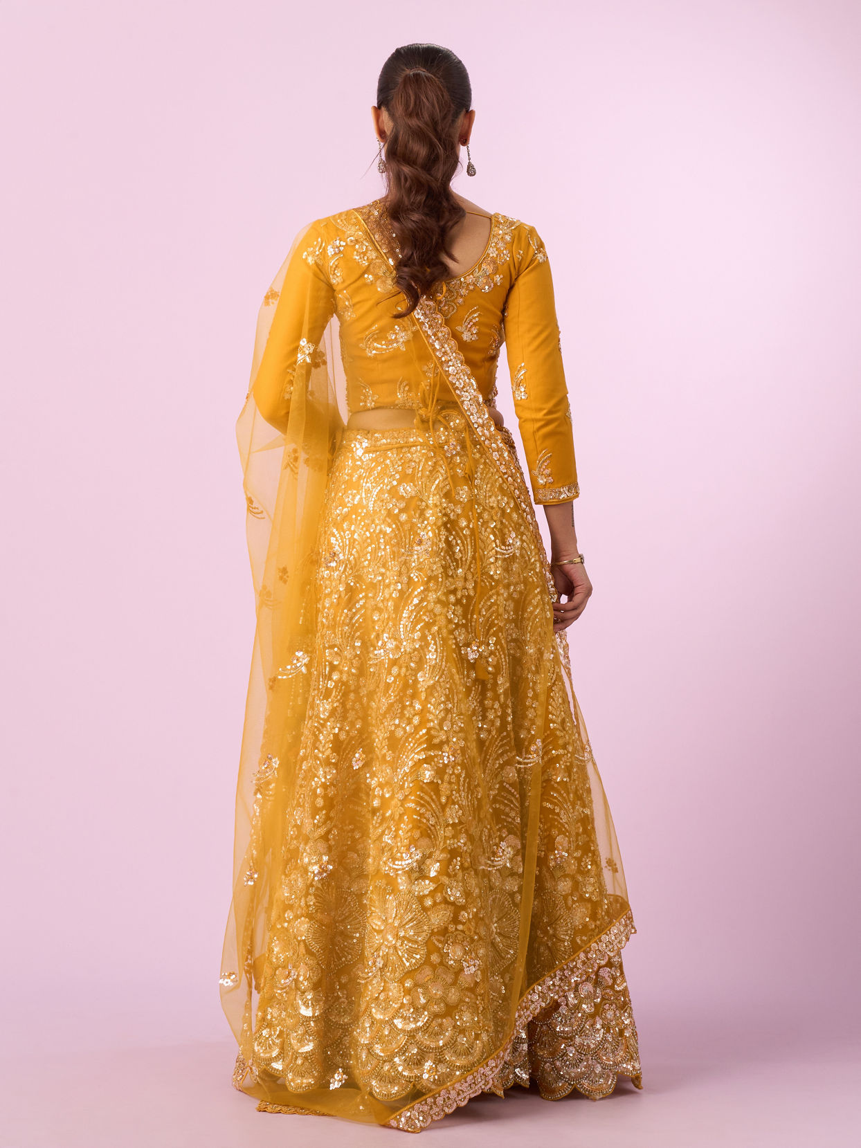 Mohey Women Mustard Yellow Radiance Net Lehenga