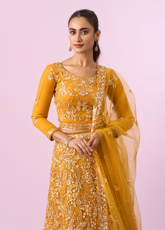 Mohey Women Mustard Yellow Radiance Net Lehenga