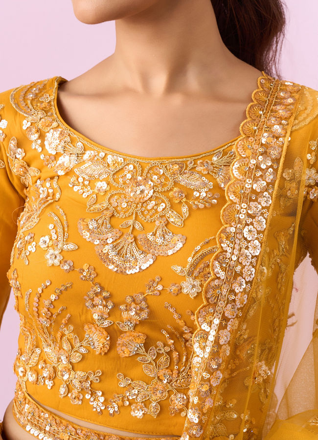 Mohey Women Mustard Yellow Radiance Net Lehenga