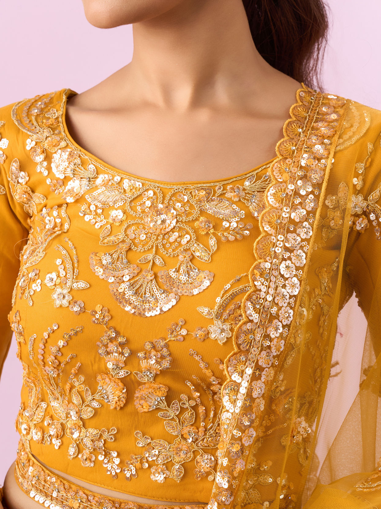 Mohey Women Mustard Yellow Radiance Net Lehenga