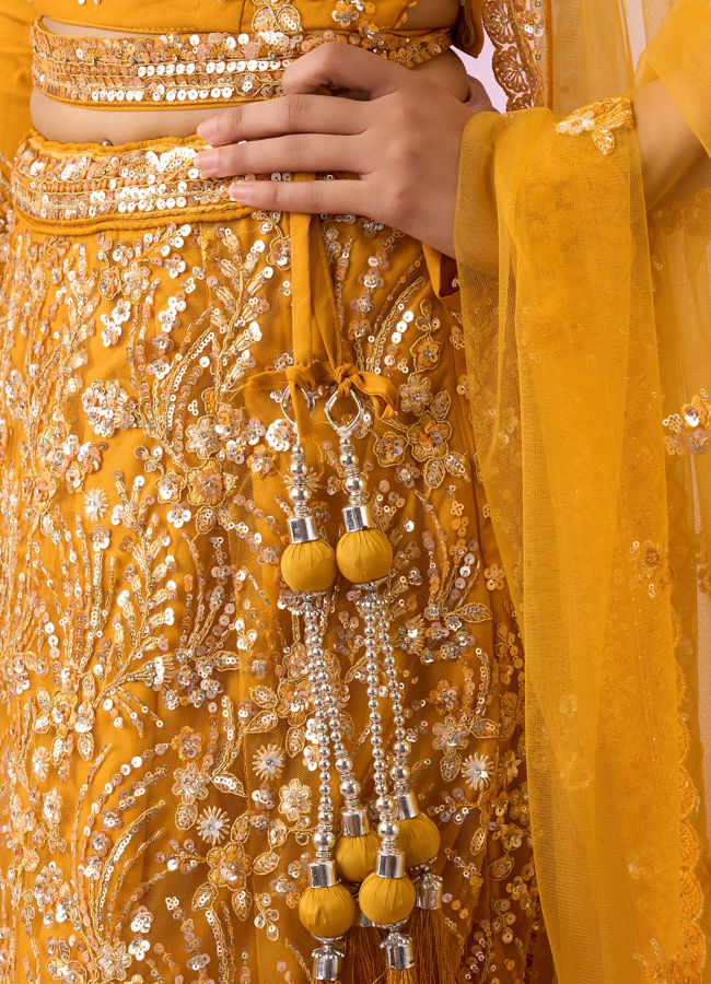 Mohey Women Mustard Yellow Radiance Net Lehenga