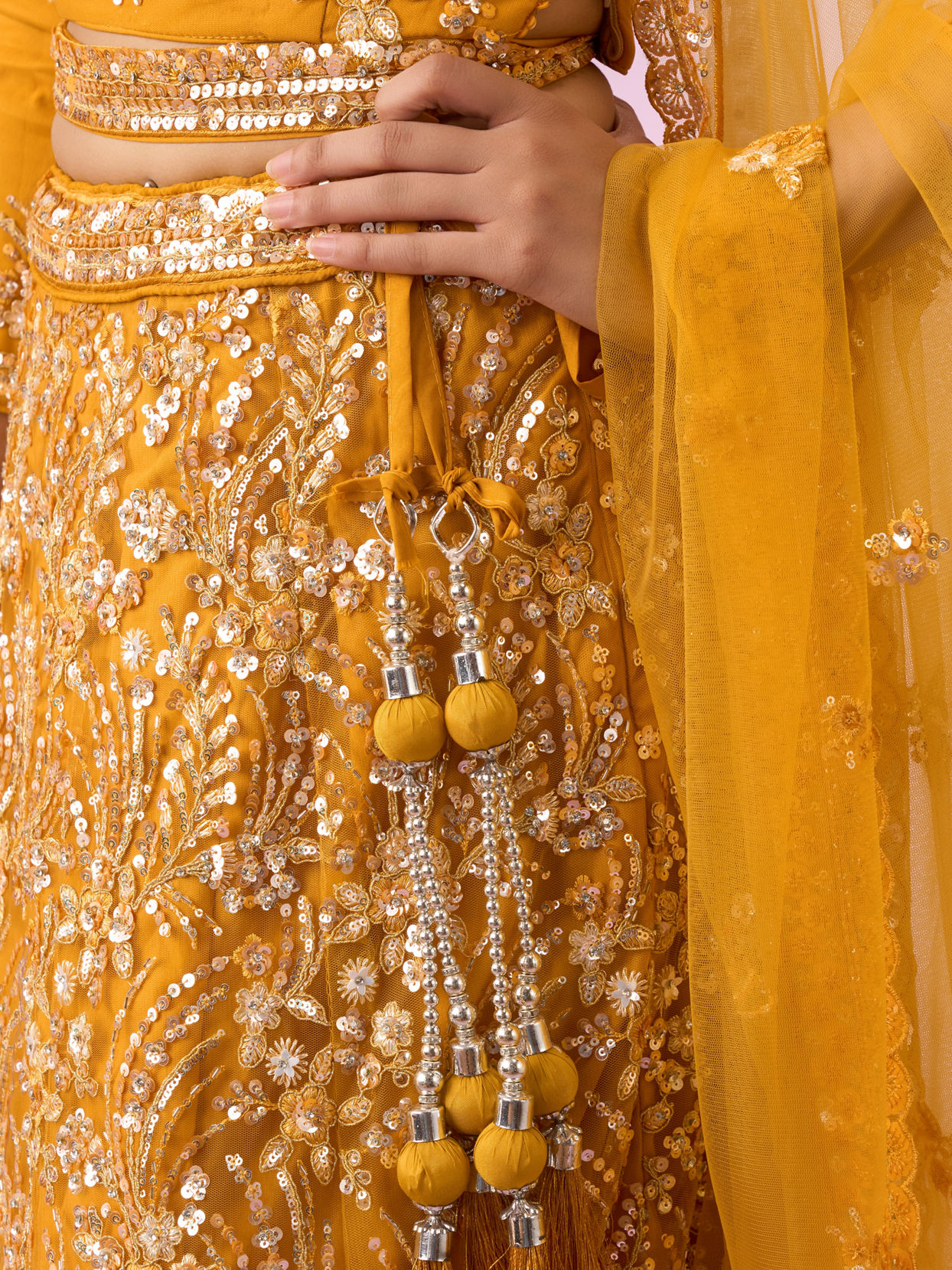 Mohey Women Mustard Yellow Radiance Net Lehenga