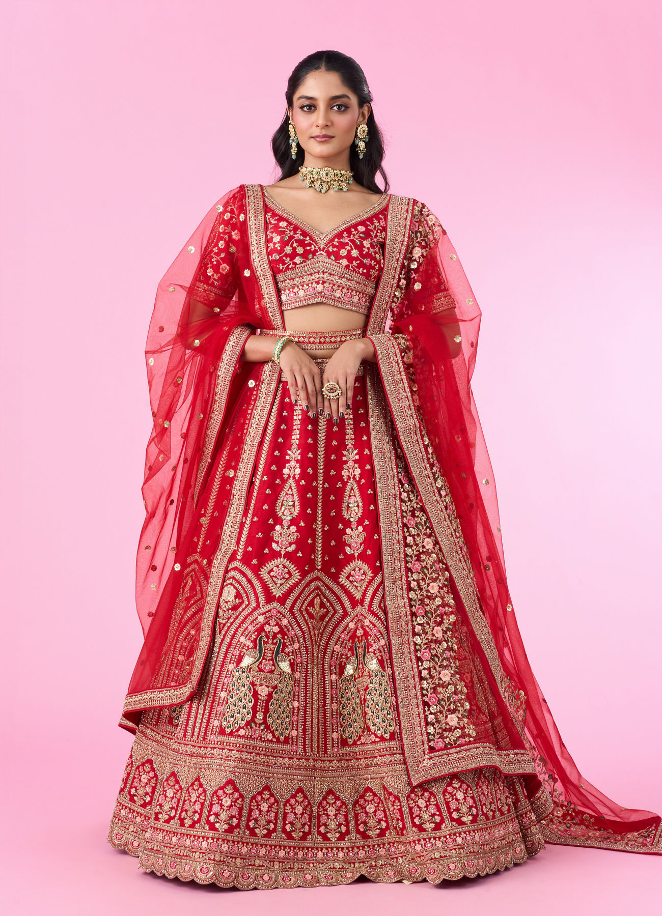 Mohey Women Regal Elegance Red Velvet Bridal Lehenga