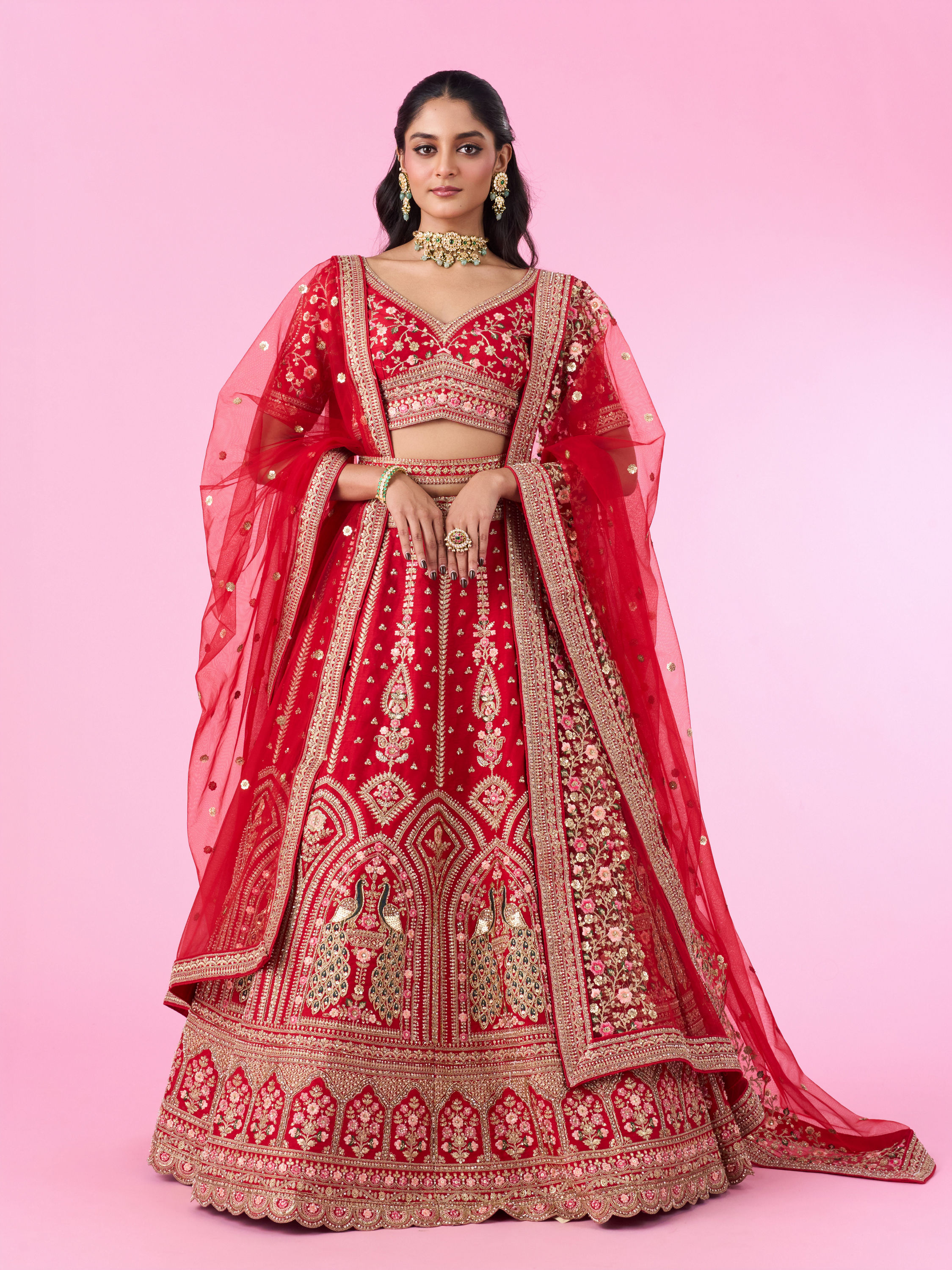 Mohey Women Regal Elegance Red Velvet Bridal Lehenga