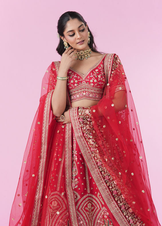 Mohey Women Regal Elegance Red Velvet Bridal Lehenga