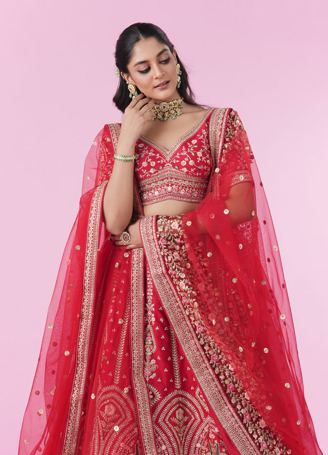 Mohey Women Regal Elegance Red Velvet Bridal Lehenga