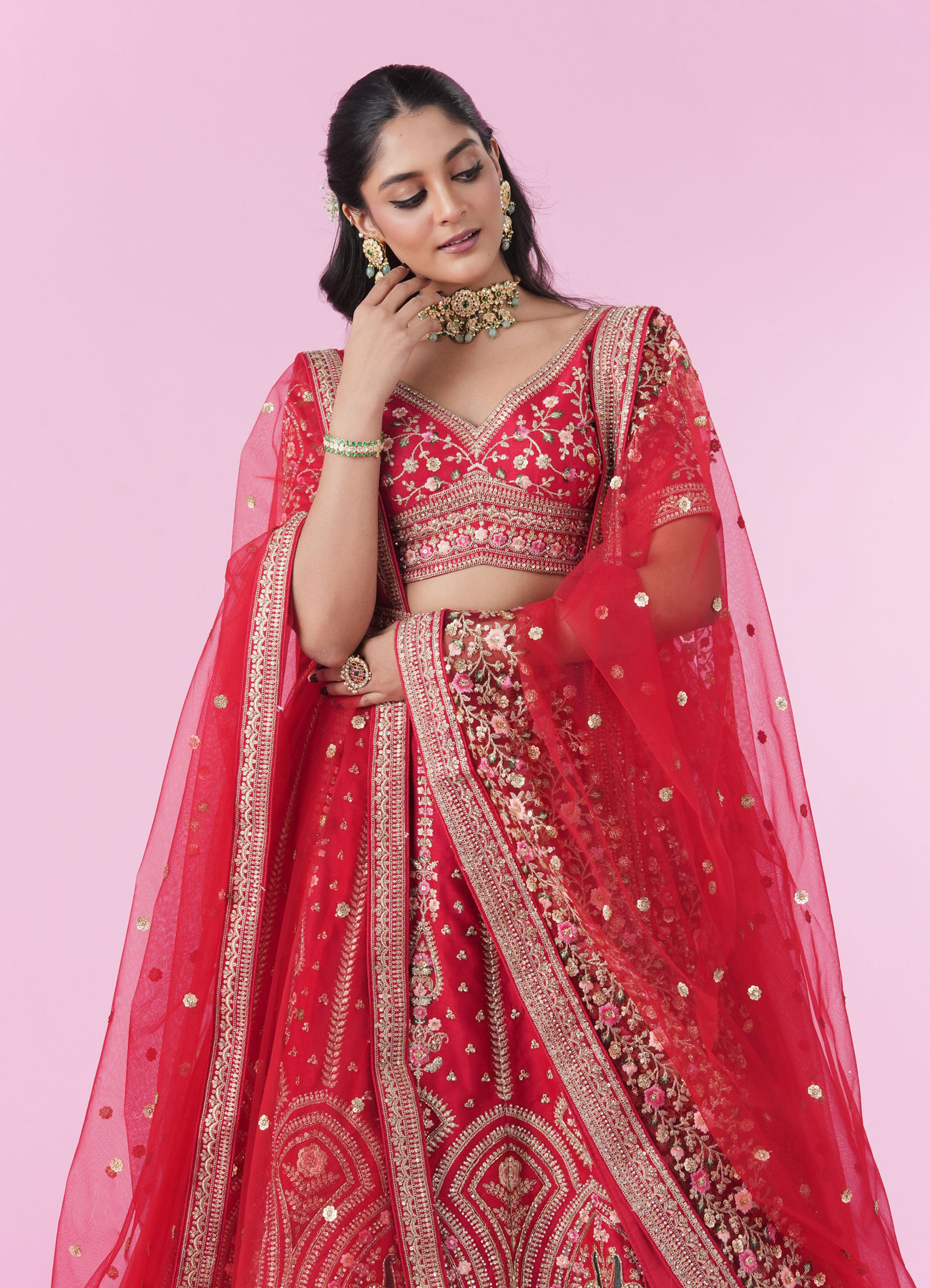 Mohey Women Regal Elegance Red Velvet Bridal Lehenga