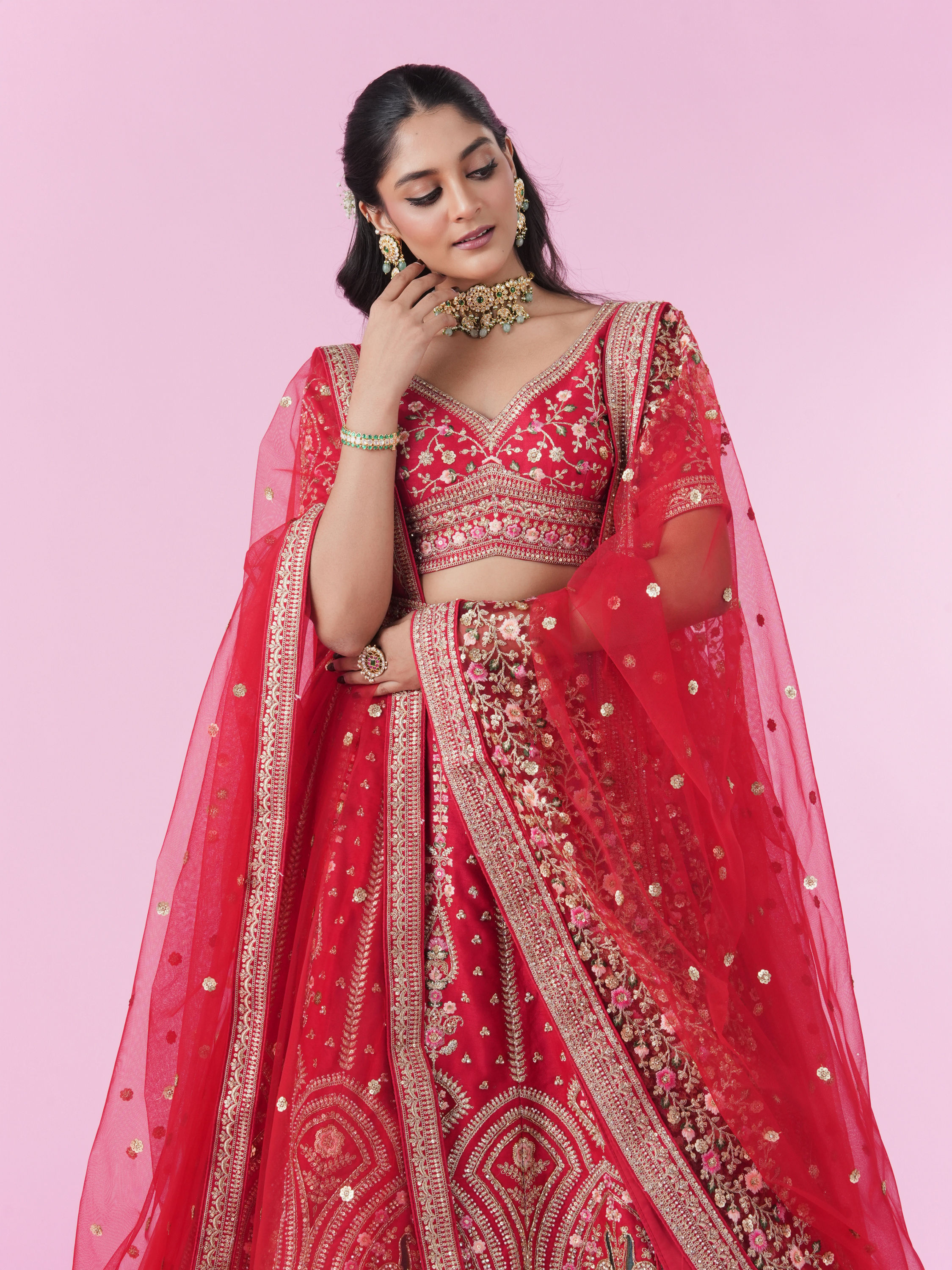 Mohey Women Regal Elegance Red Velvet Bridal Lehenga