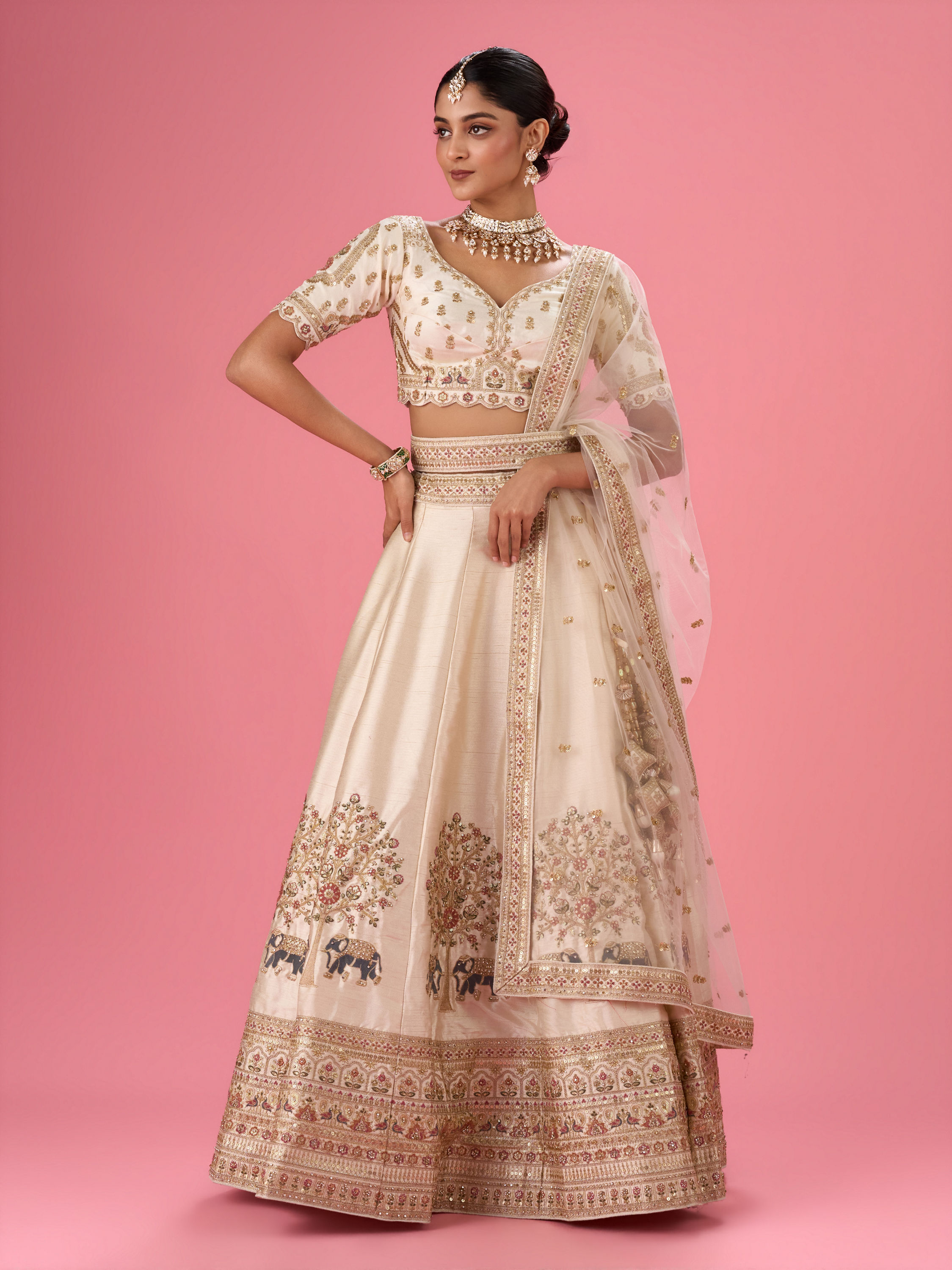 Mohey Women Cream Art Silk Classic Lehenga