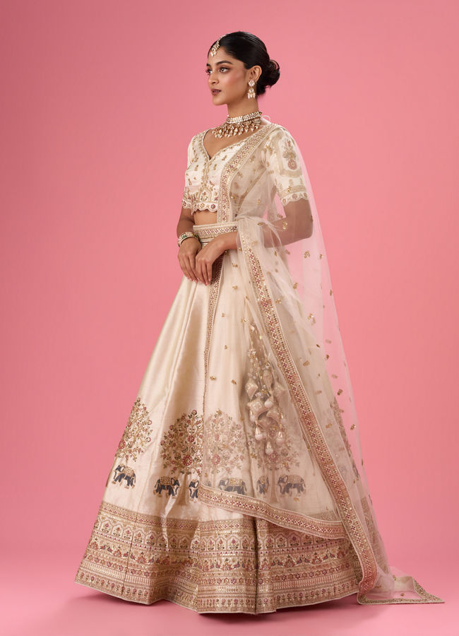 Mohey Women Cream Art Silk Classic Lehenga