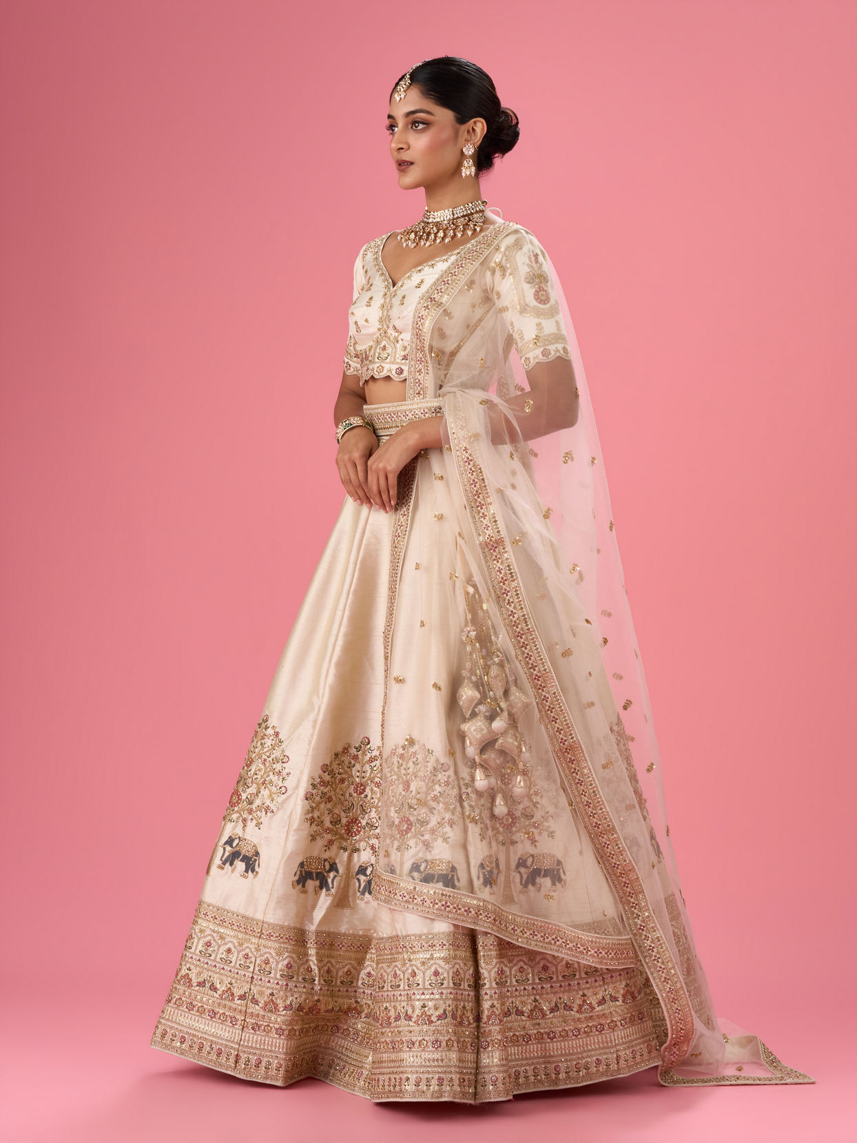 Mohey Women Cream Art Silk Classic Lehenga