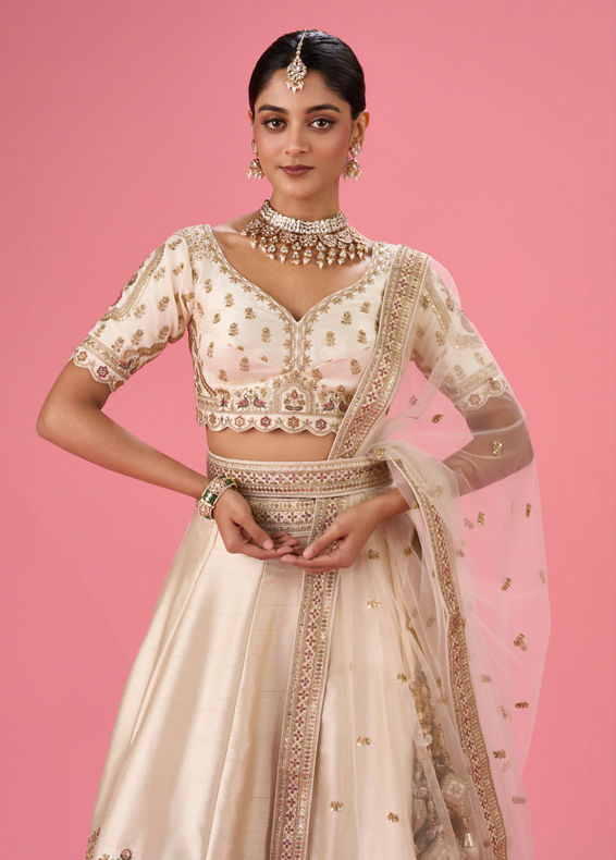 Mohey Women Cream Art Silk Classic Lehenga