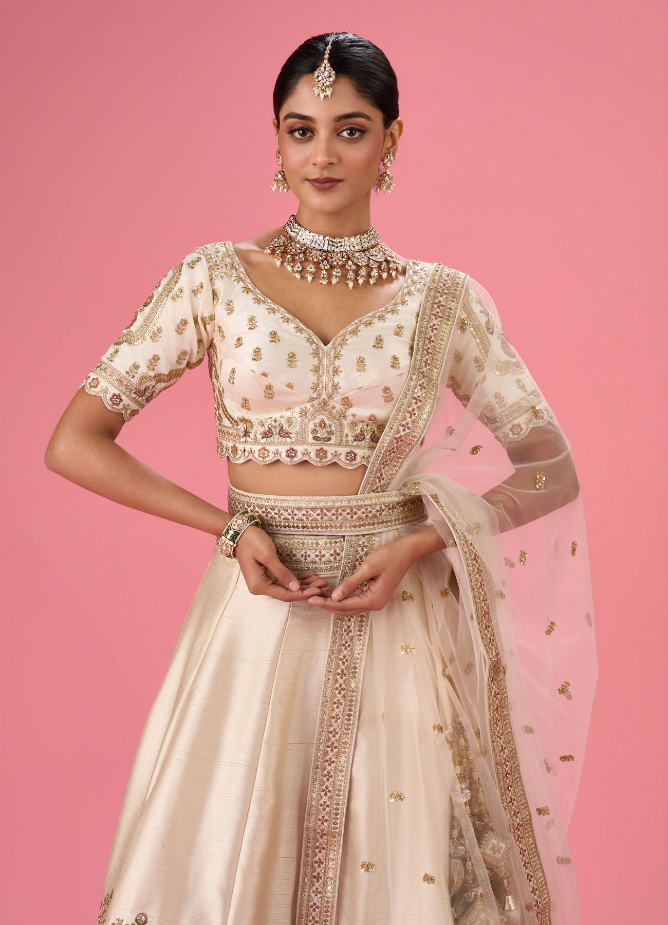 Mohey Women Cream Art Silk Classic Lehenga