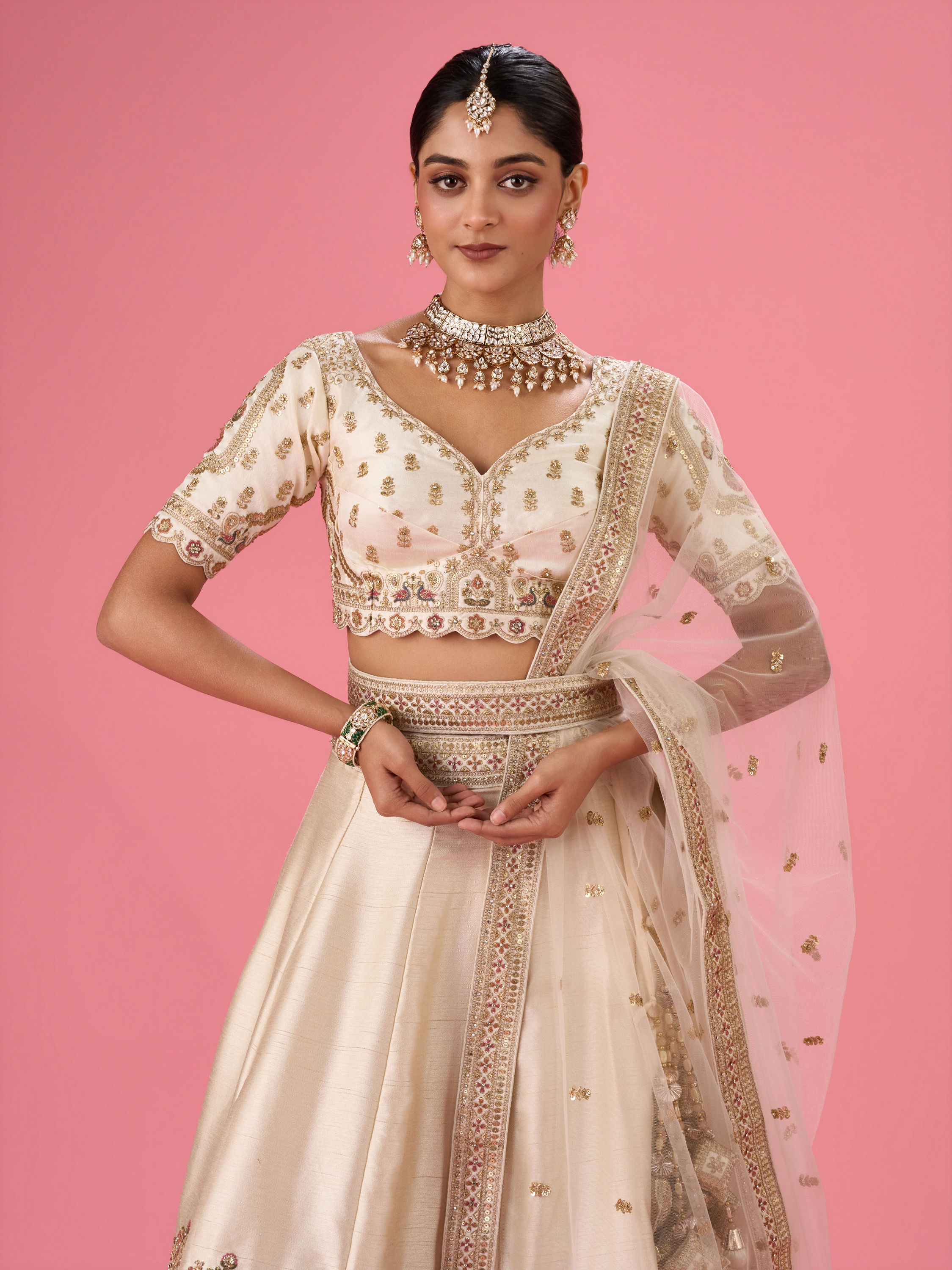 Mohey Women Cream Art Silk Classic Lehenga