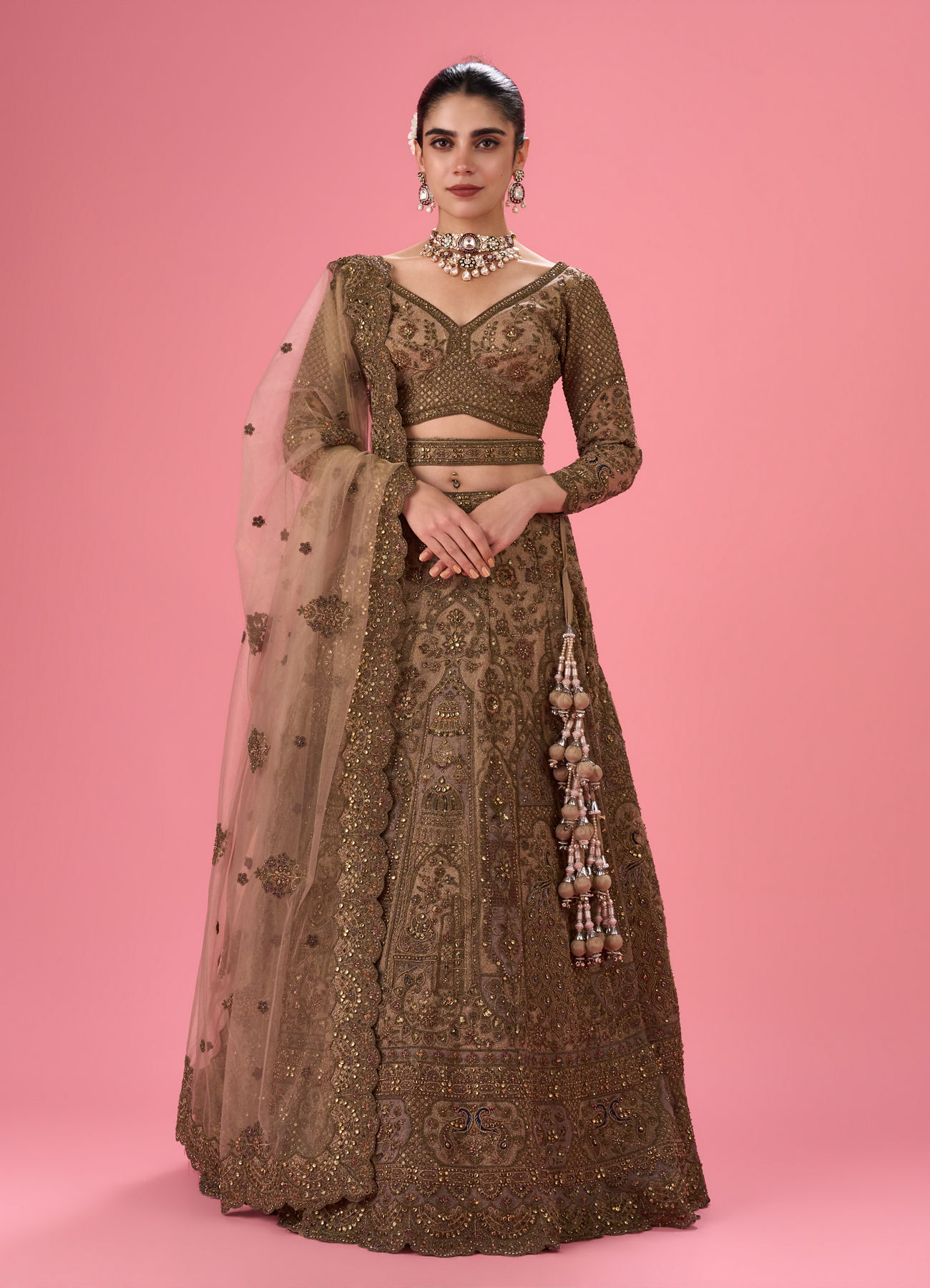 Mohey Women Elegant Fawn Bridal Lehenga