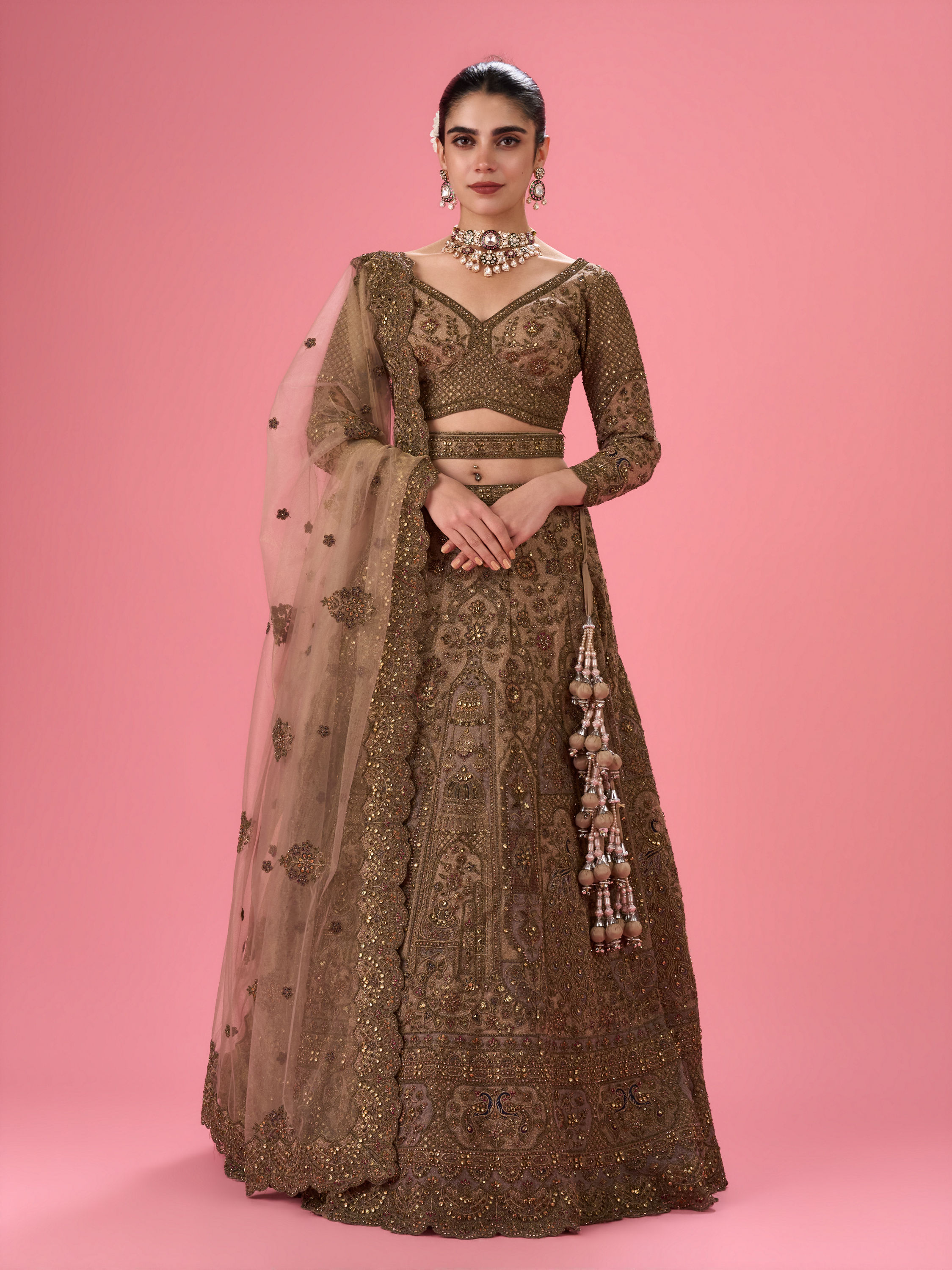 Mohey Women Elegant Fawn Bridal Lehenga